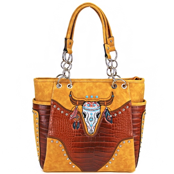 Handbags - Brown Western Longhorn Embroidered Purse